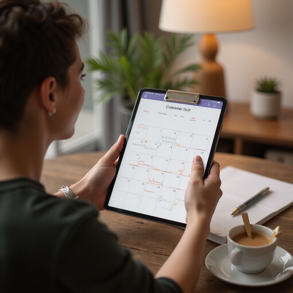 Woman looking at a tablet showing a calendar, sitting at a wooden table with coffee and notepad.