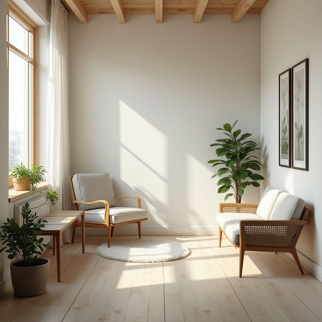 Light-filled living room with wood furniture, plants, and sunlight streaming through a window.