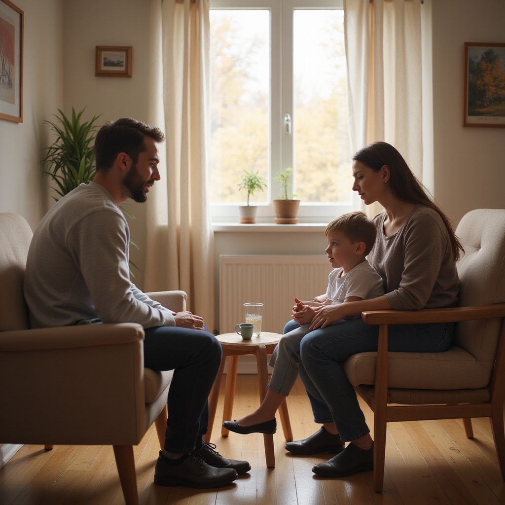 A family of three in therapy. The parents sit facing each other and the child. Interior, neutral tones, light from a window.