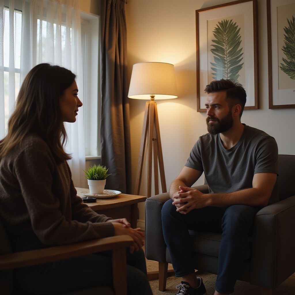 Woman and man in conversation, seated in cozy living room with lamp, small table, and art.