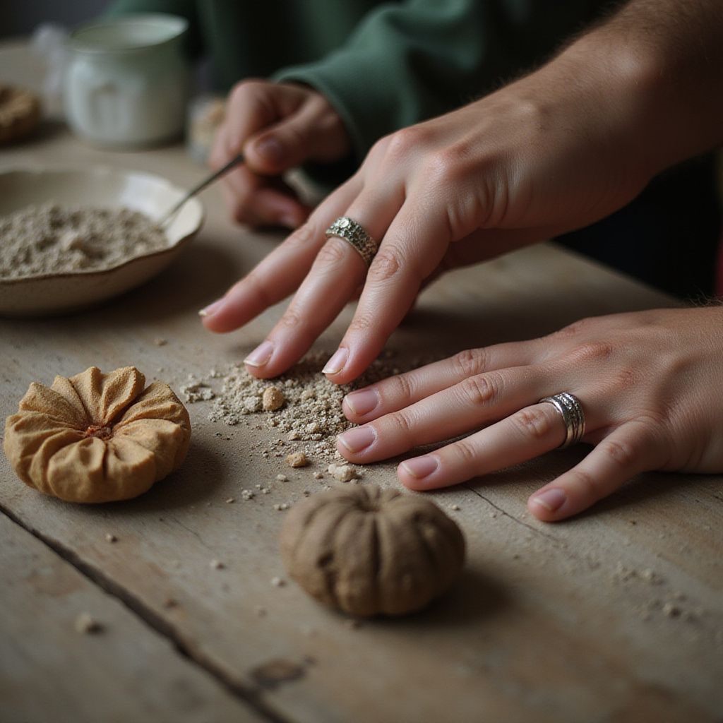 Hands shaping dough on a wooden table, cookies nearby. A bowl of crumbs and a person with a spoon are also present.