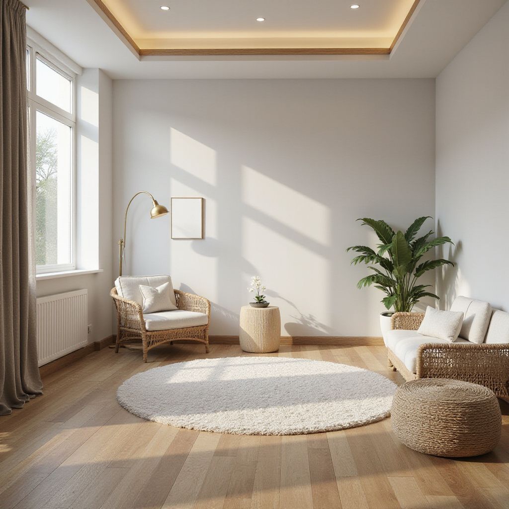 Bright, empty room with sunlight, rattan furniture, and a circular rug.