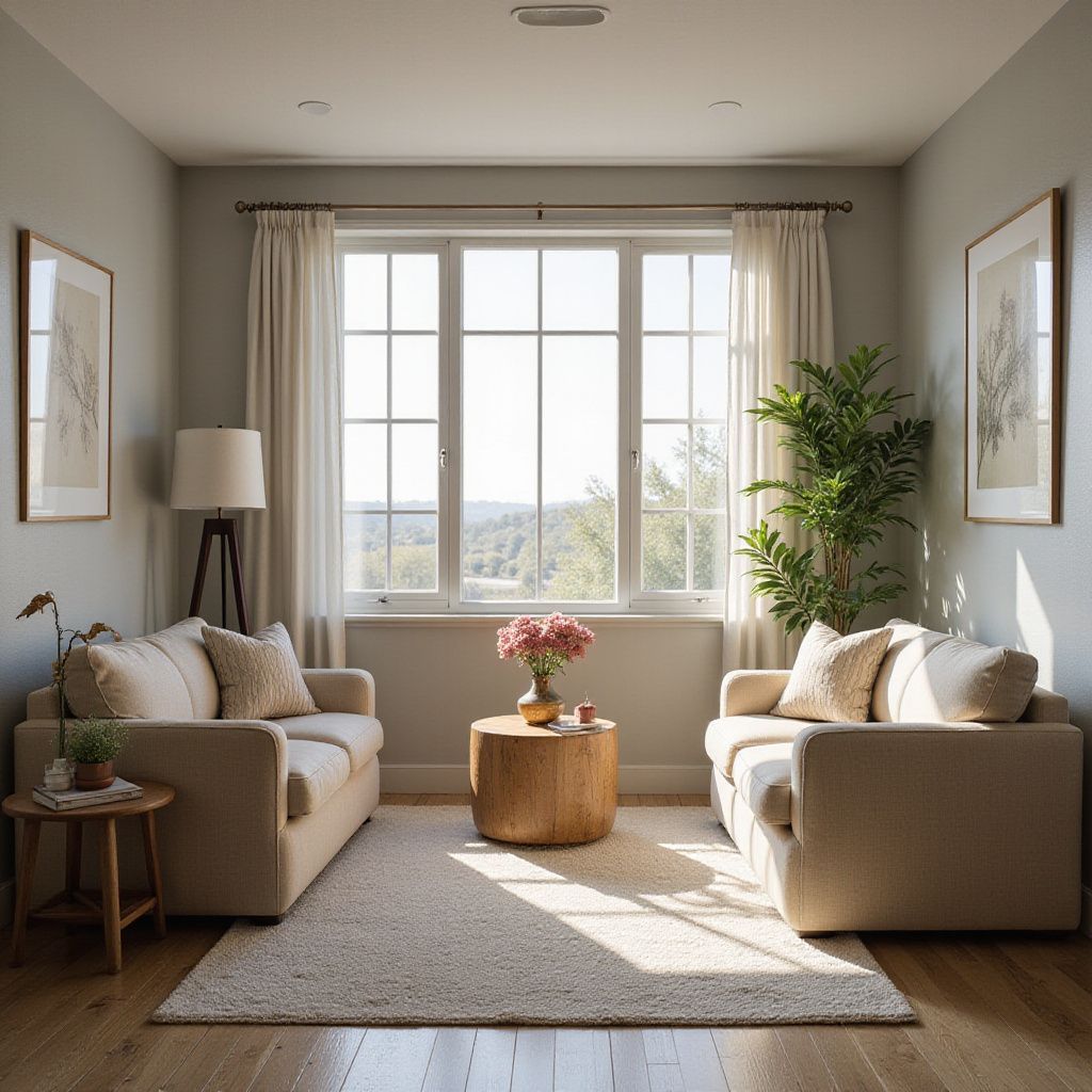 Cozy living room with two beige sofas facing a large window, small wooden table, rug, plants, and art.