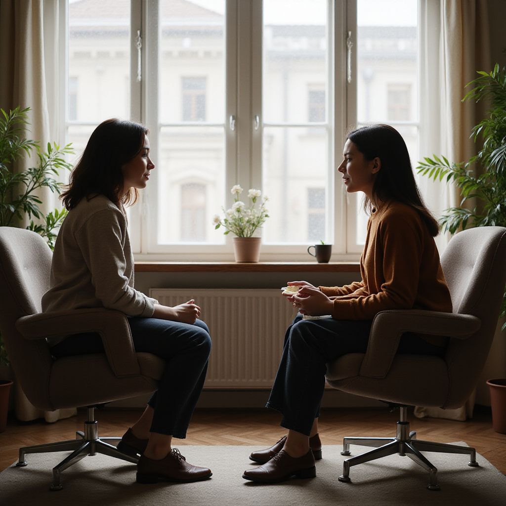 Two people in chairs facing each other, near a window with plants, possibly a therapy session.