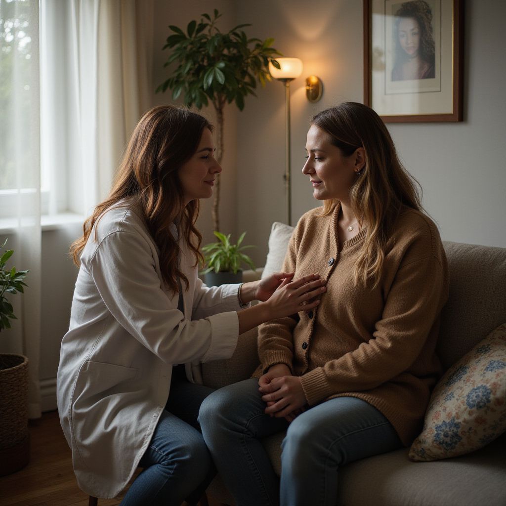 Doctor comforts patient, placing hand on chest; seated on a sofa indoors.