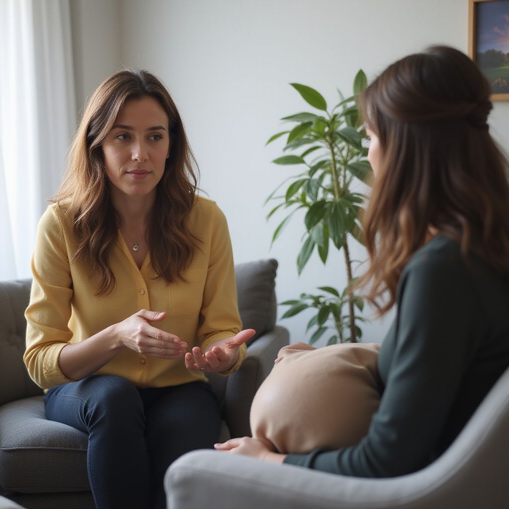 Woman in yellow shirt talks to another woman in a gray chair, inside a room.