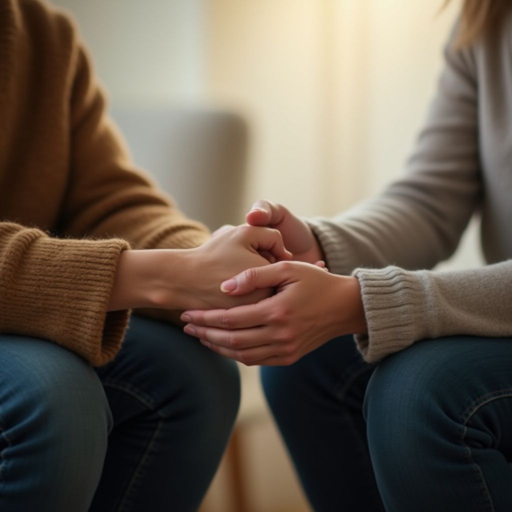 Two people holding hands, offering comfort. Brown and gray sweaters, neutral background.