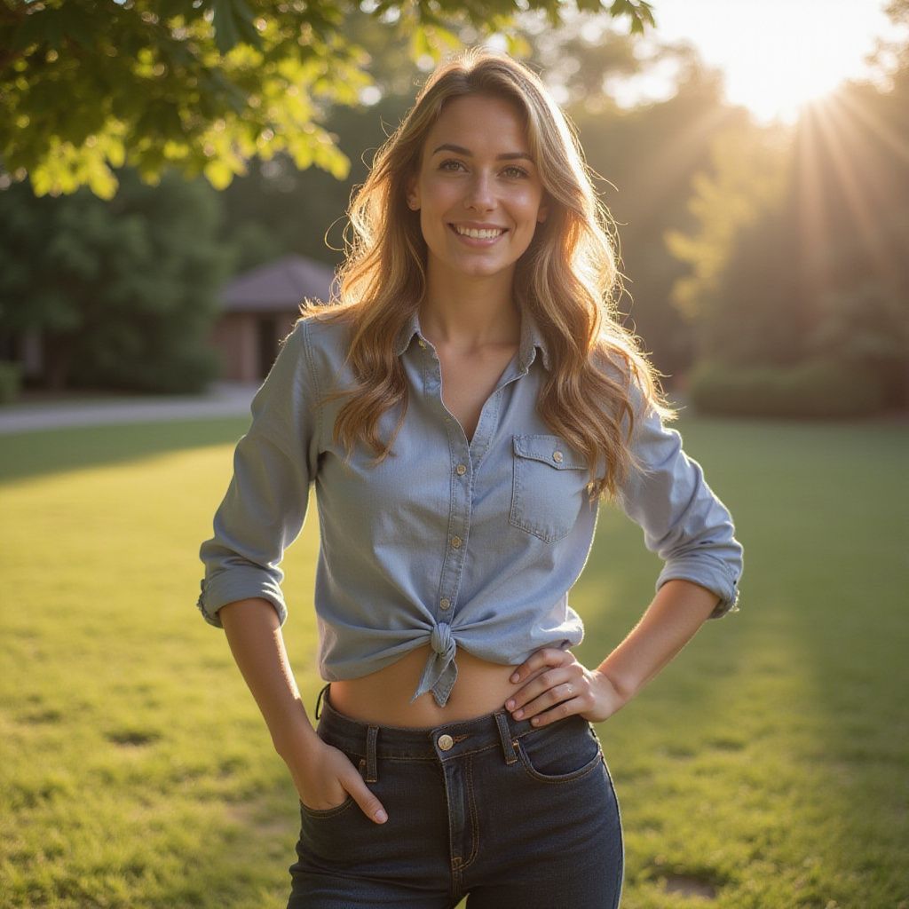Woman in blue shirt and jeans, smiling, standing outside with hands on hips. Sun shining.