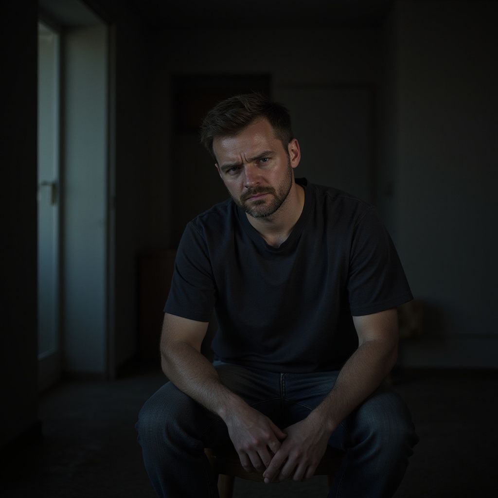 Man in dark room, seated on a chair, looking at camera with a somber expression.