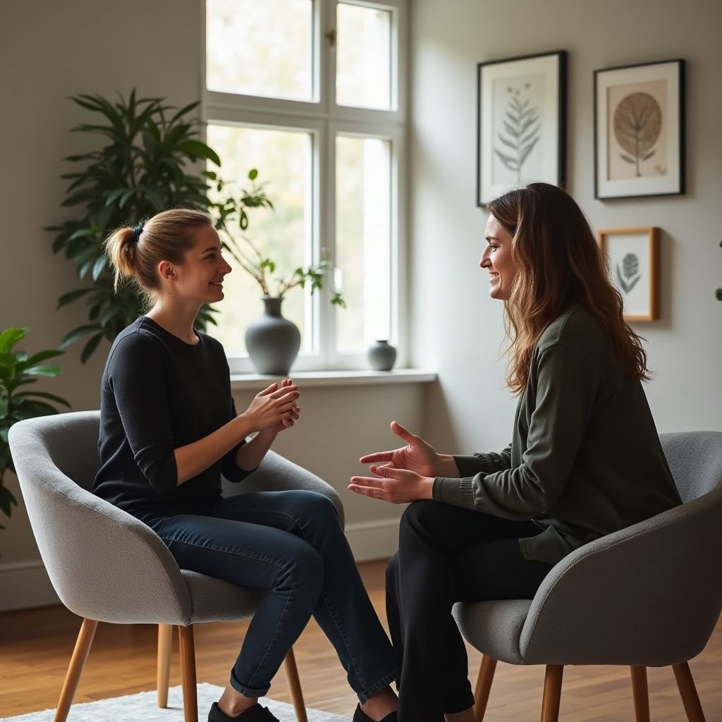Two women seated in armchairs, conversing in a well-lit room. One gestures, the other listens.