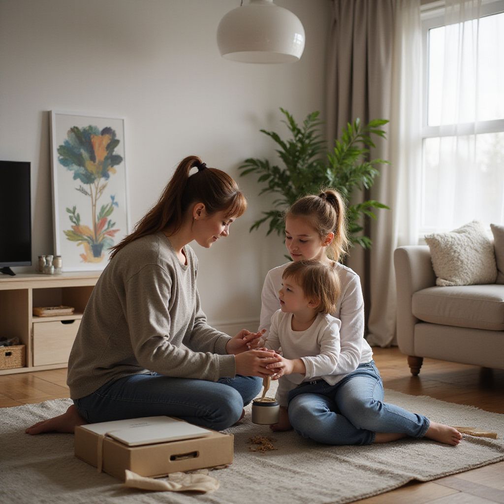 Woman and two children sit on floor, playing with small objects. Living room setting.