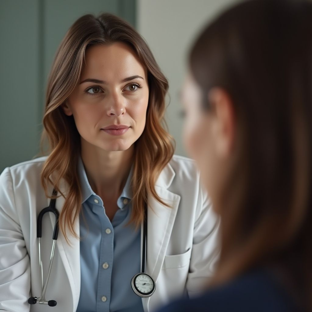 Doctor wearing a stethoscope listens intently to a patient in a medical setting.