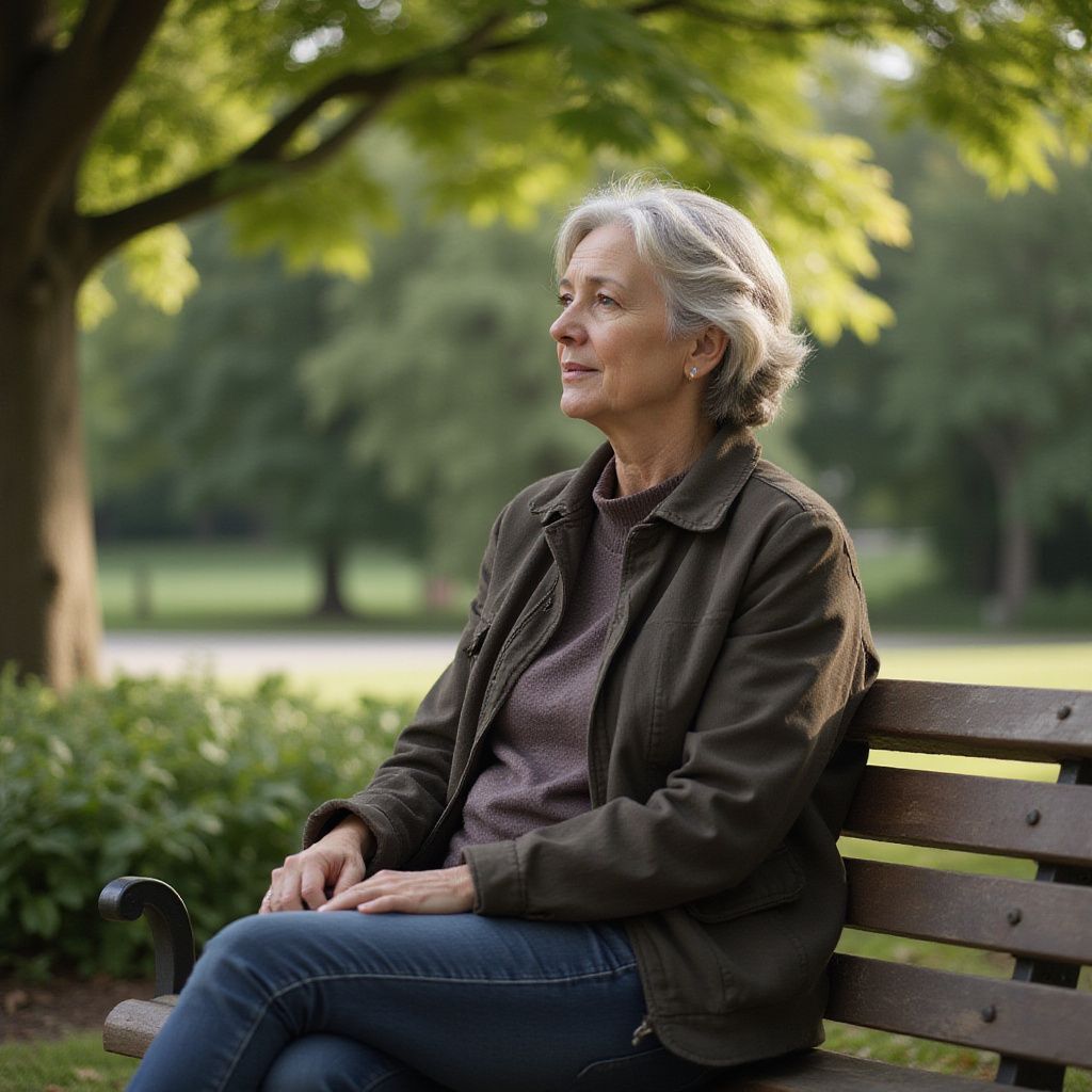 Woman sits on a park bench, looking off to the side. Wearing a jacket and jeans. Green trees in the background.