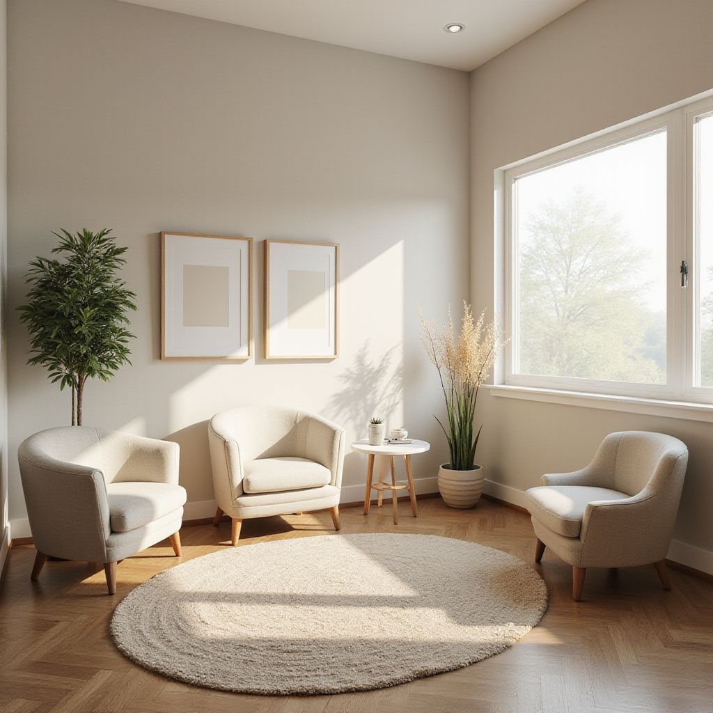 A bright, inviting living room with three beige armchairs arranged around a round rug, with two framed pictures and a window.