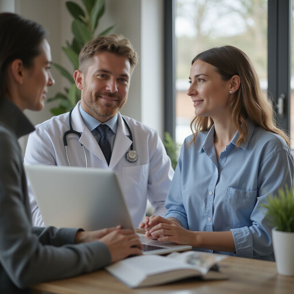 Doctor and patient with a woman at a table; they are looking at a laptop, smiling.