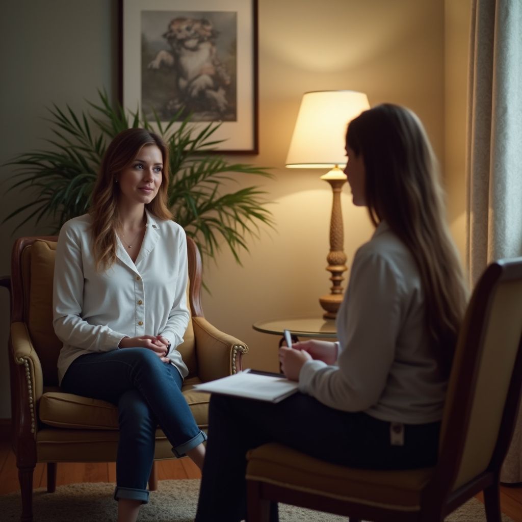 Two women in a counseling session. One smiles while seated, the other takes notes. Indoors, warm lighting.