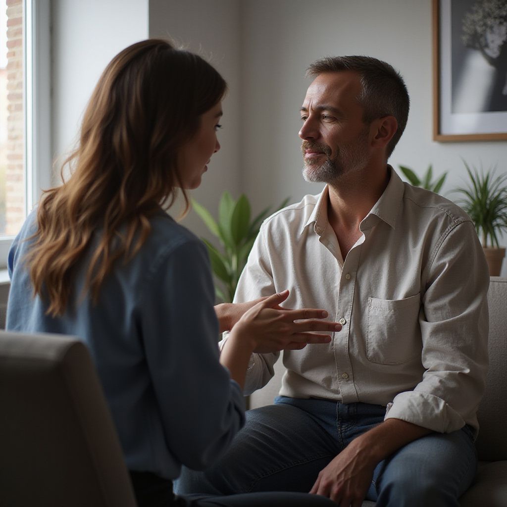 Woman in blue shirt listens to man in white shirt on a sofa in a well-lit room.