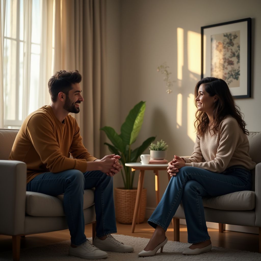 Man and woman seated in armchairs, facing each other and smiling. Sunny living room.