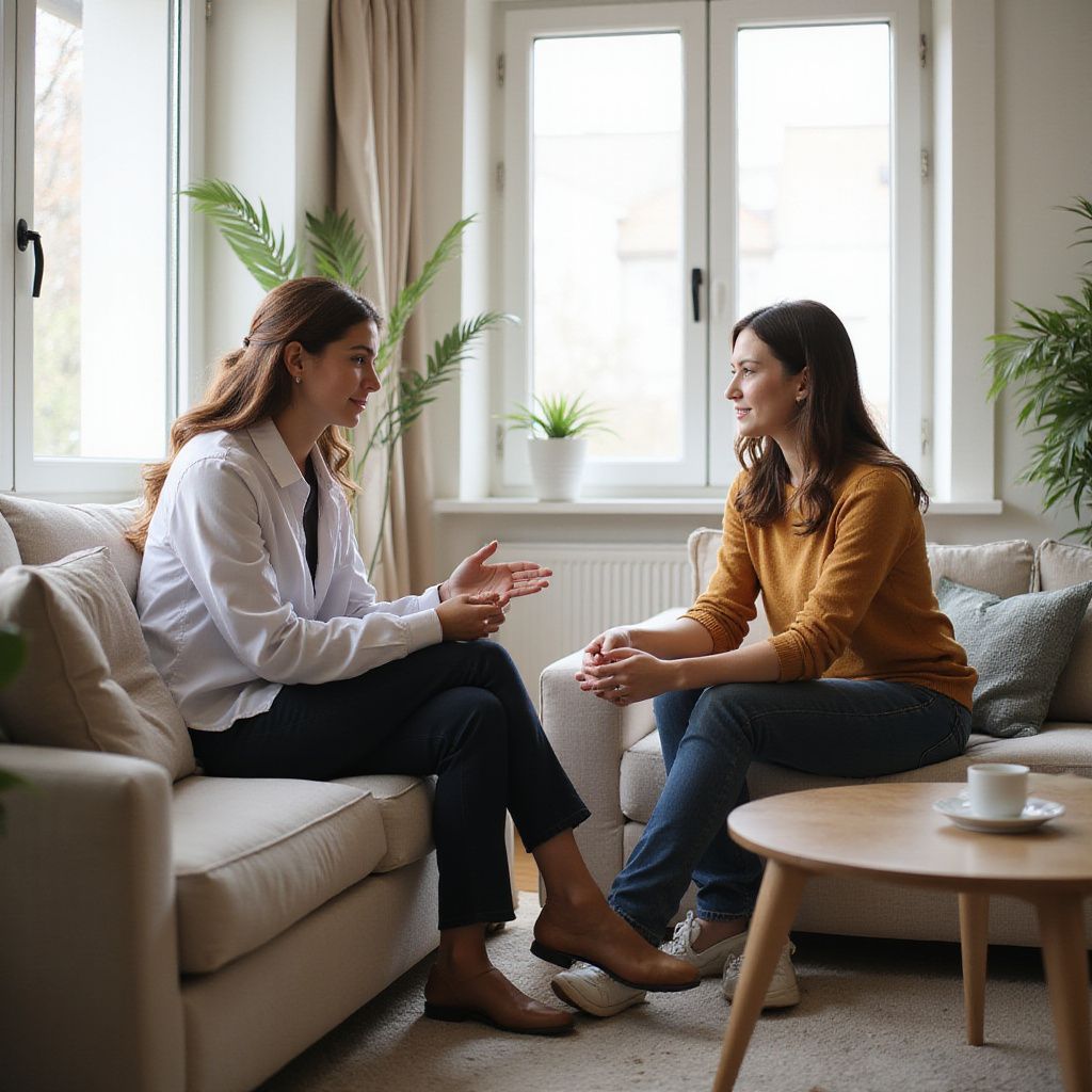 Two women conversing on a couch in a well-lit living room. One gestures with hands, other listens.