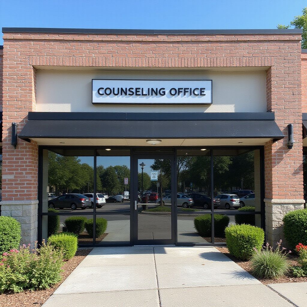 Counseling Office entrance, brick building with a black awning and glass doors; sign reads
