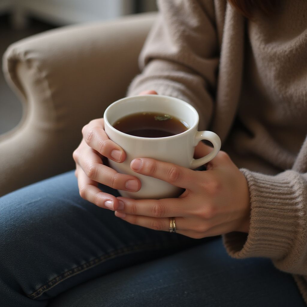 Person holding a white mug of dark liquid, wearing a beige sweater and jeans, indoors.