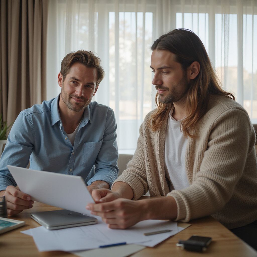 Two men reviewing documents at a table. One smiles, the other focuses. Natural light, indoor setting.