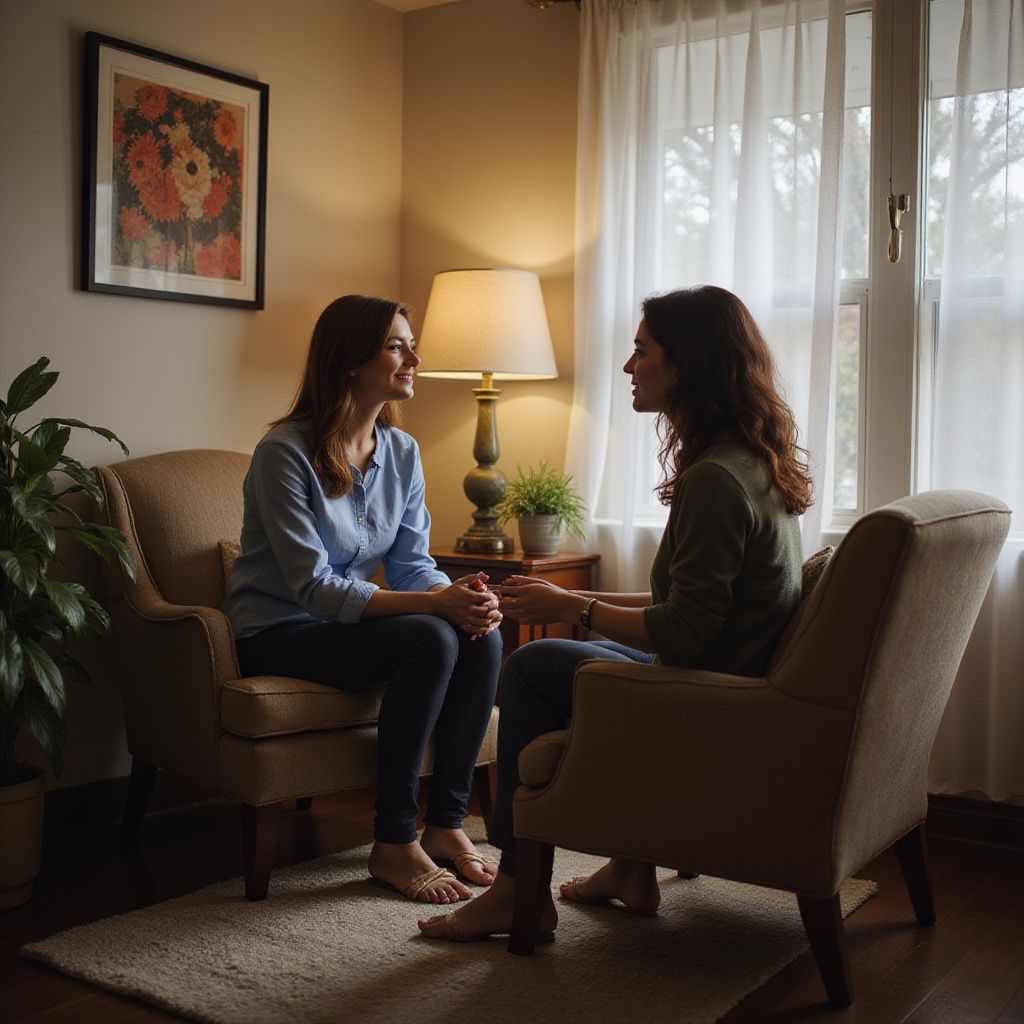 Two women sit in armchairs, conversing. One smiles, the other gestures. Soft light, indoor setting.