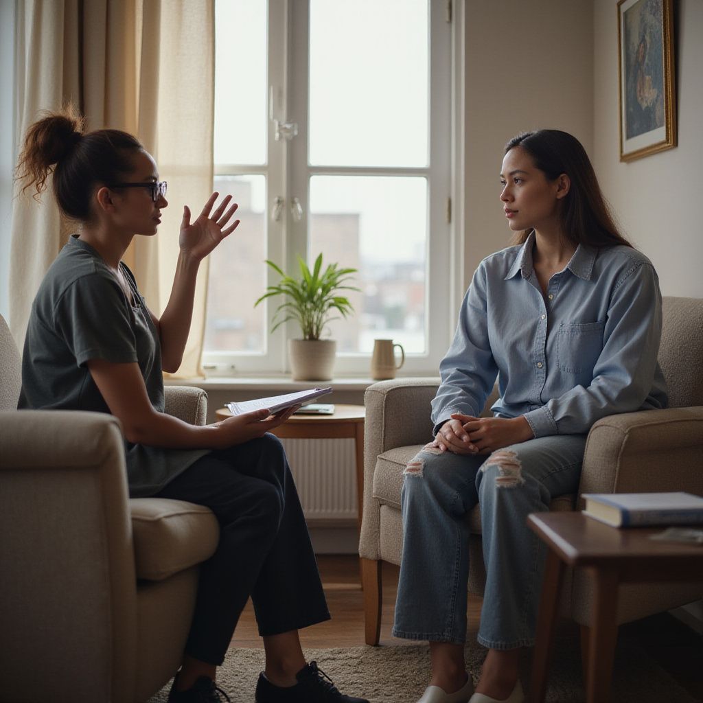 Therapist gestures as she speaks with a patient in a living room setting.