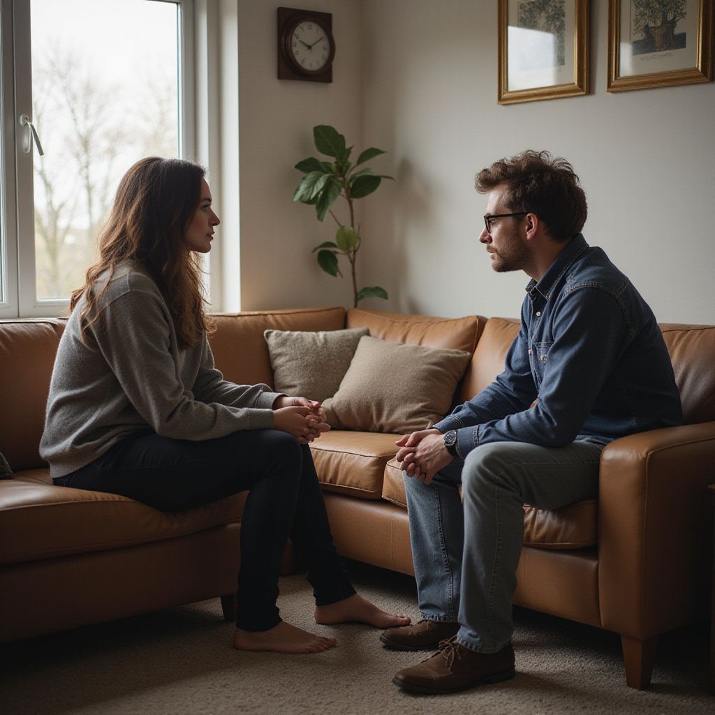 A woman and a man sit on a couch, holding hands, in a room with a window and artwork.