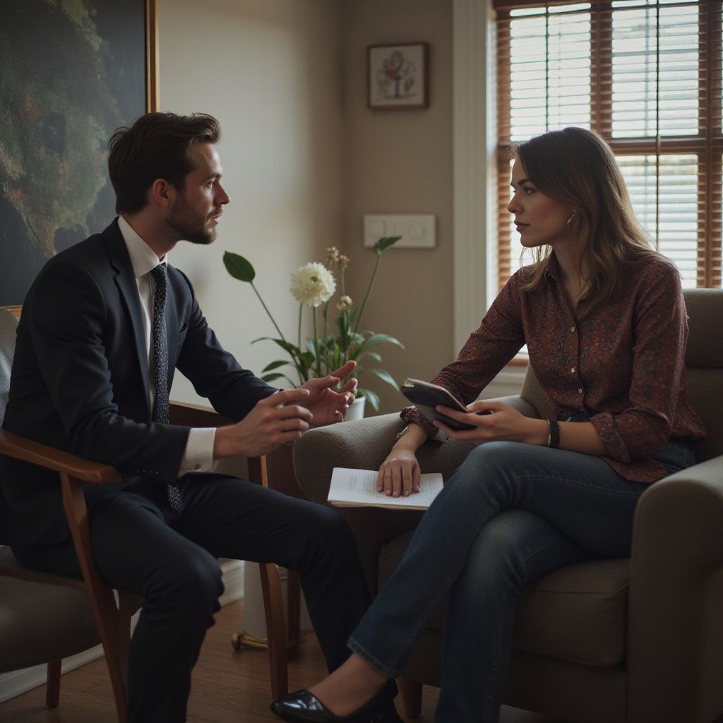 Man in suit talking to woman holding tablet in a seated consultation. Interior setting.