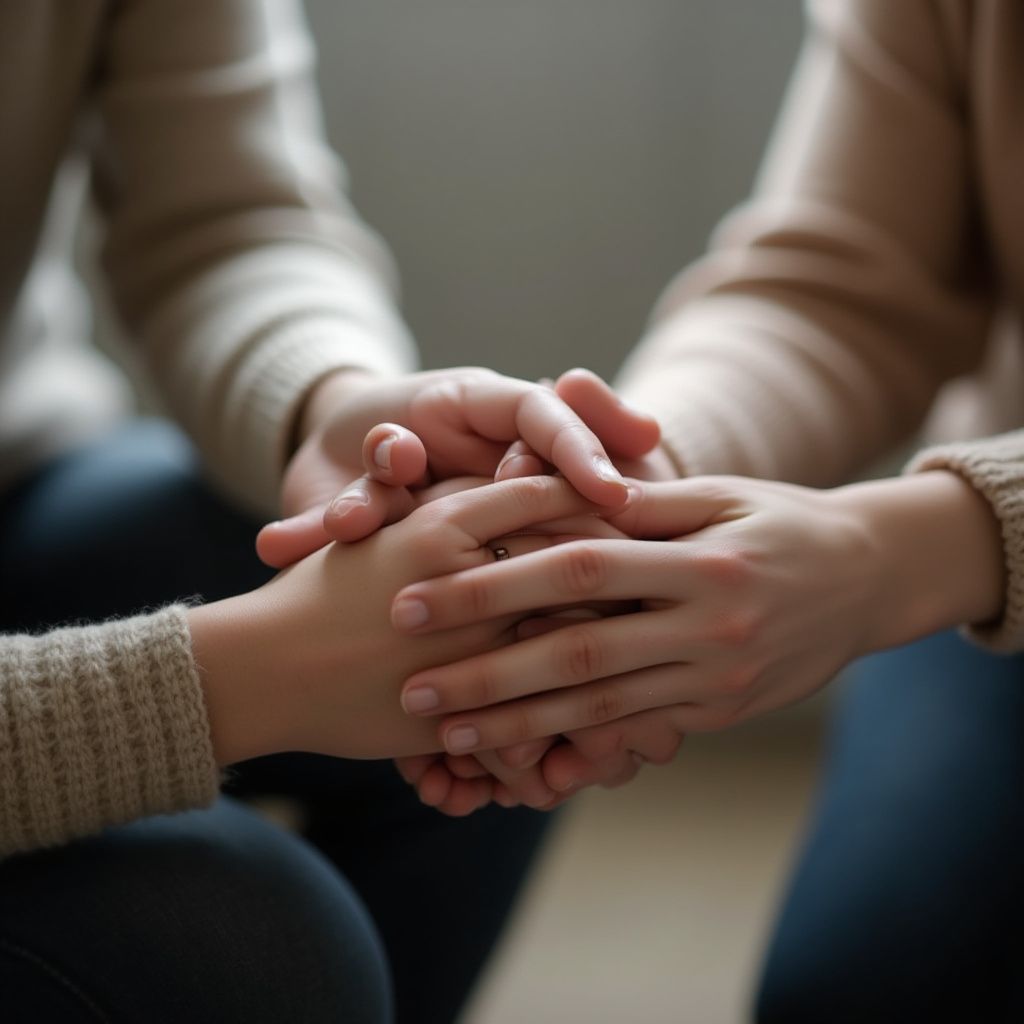 Hands clasped in support. One person's hands are held by two others, showing comfort.