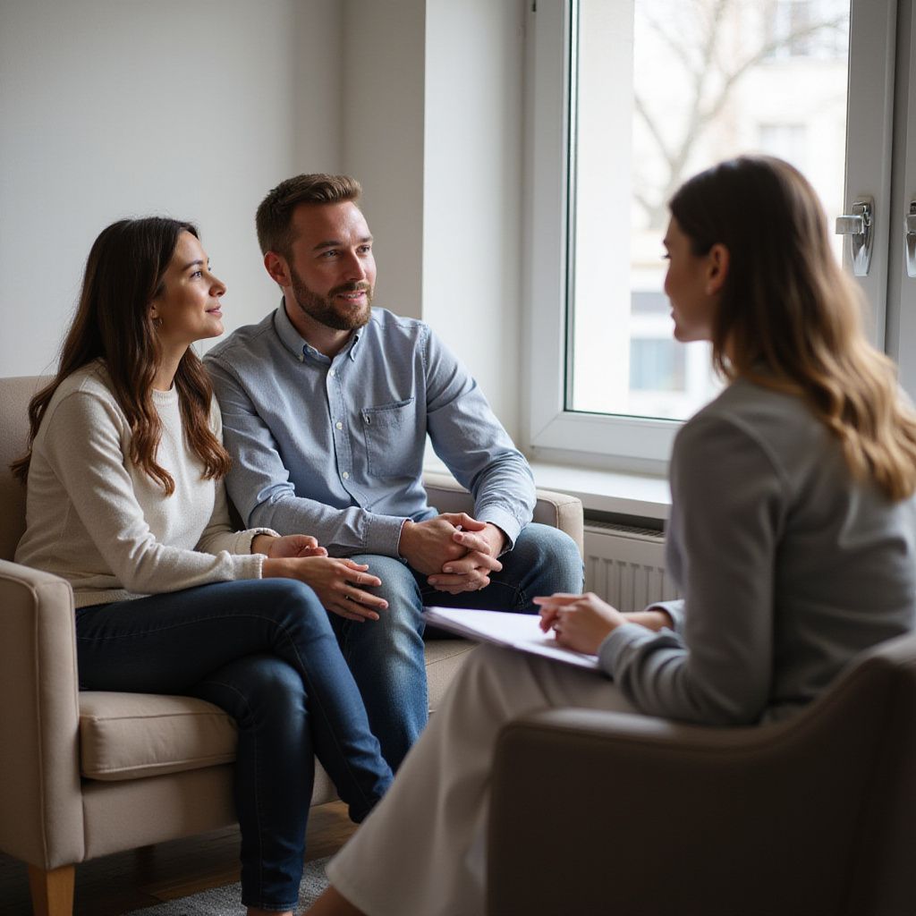 Couple in counseling session with therapist, sitting on chairs, listening.