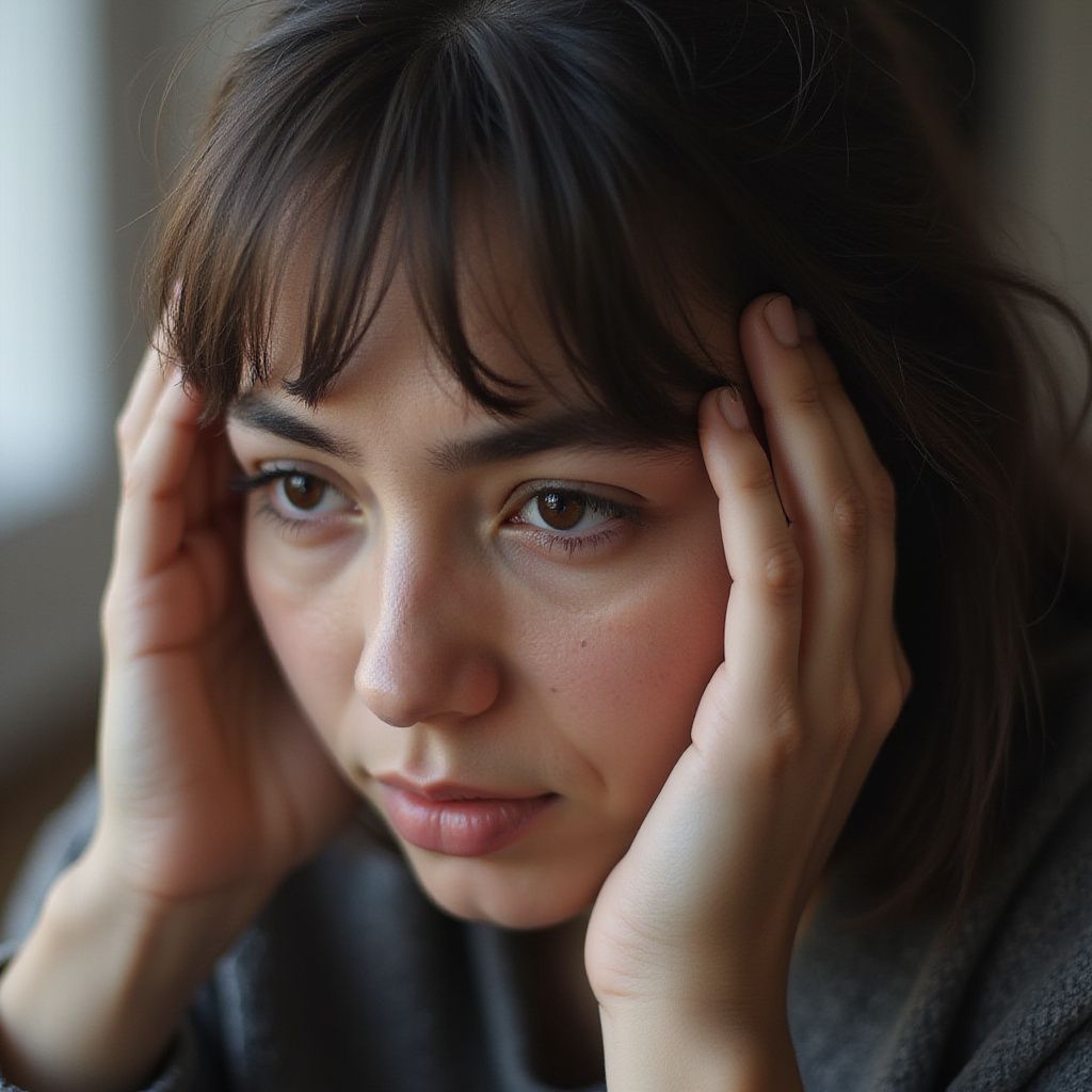 Woman with hands on her temples, looking downward with a concerned expression.