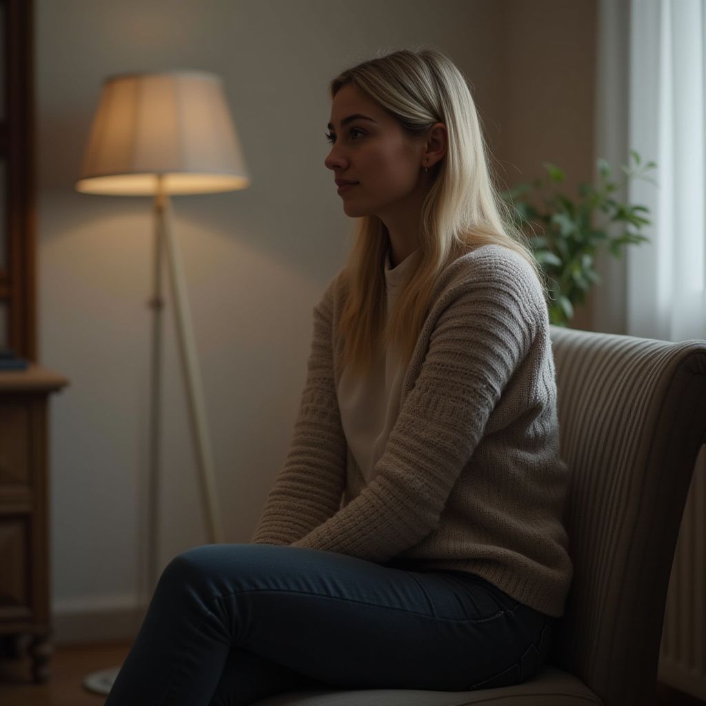 Woman in a sweater and jeans sits on a chair, looking thoughtful. Lamp and plant in background.
