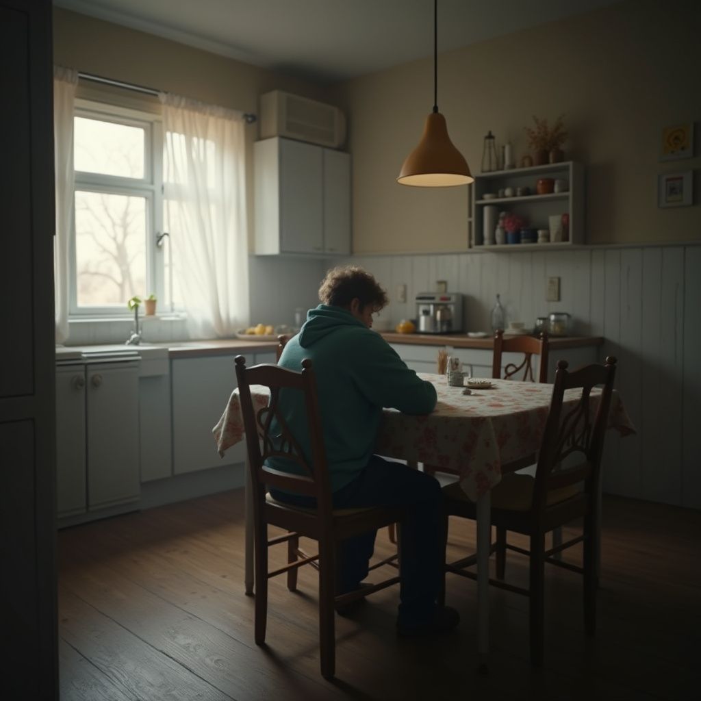 Person sitting at a table in a kitchen, lit by a window and pendant light.