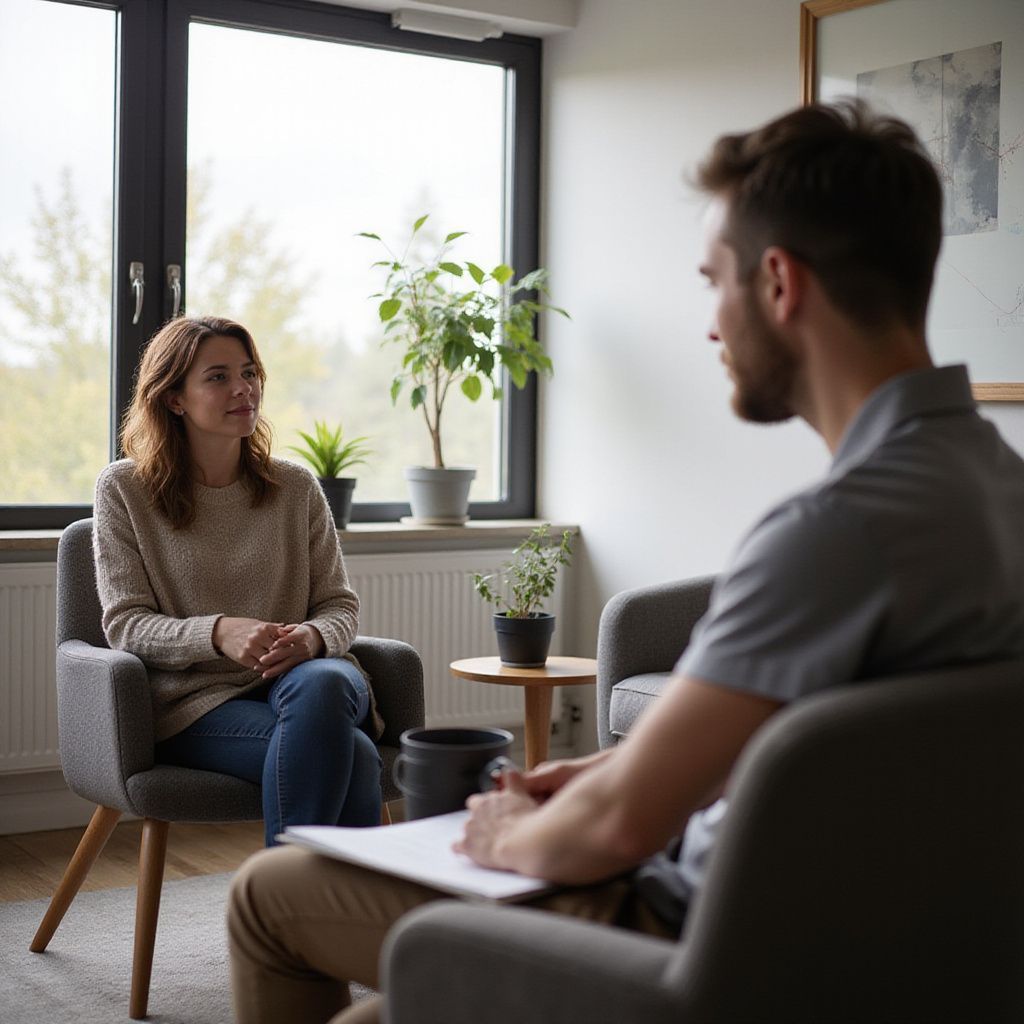 Woman in therapy session with counselor; sitting in armchairs, looking at each other, in a room with a window and plants.