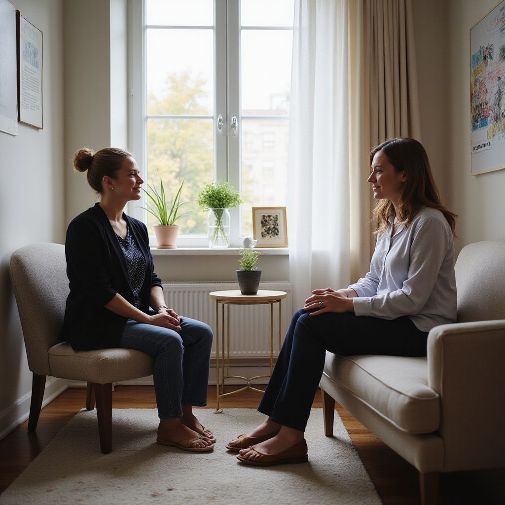 Two women sitting in a well-lit room, facing each other in conversation.