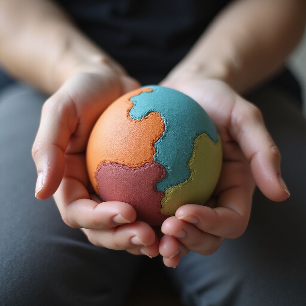 Hands cupping a colorful globe-shaped puzzle. Earth tones with blue oceans.
