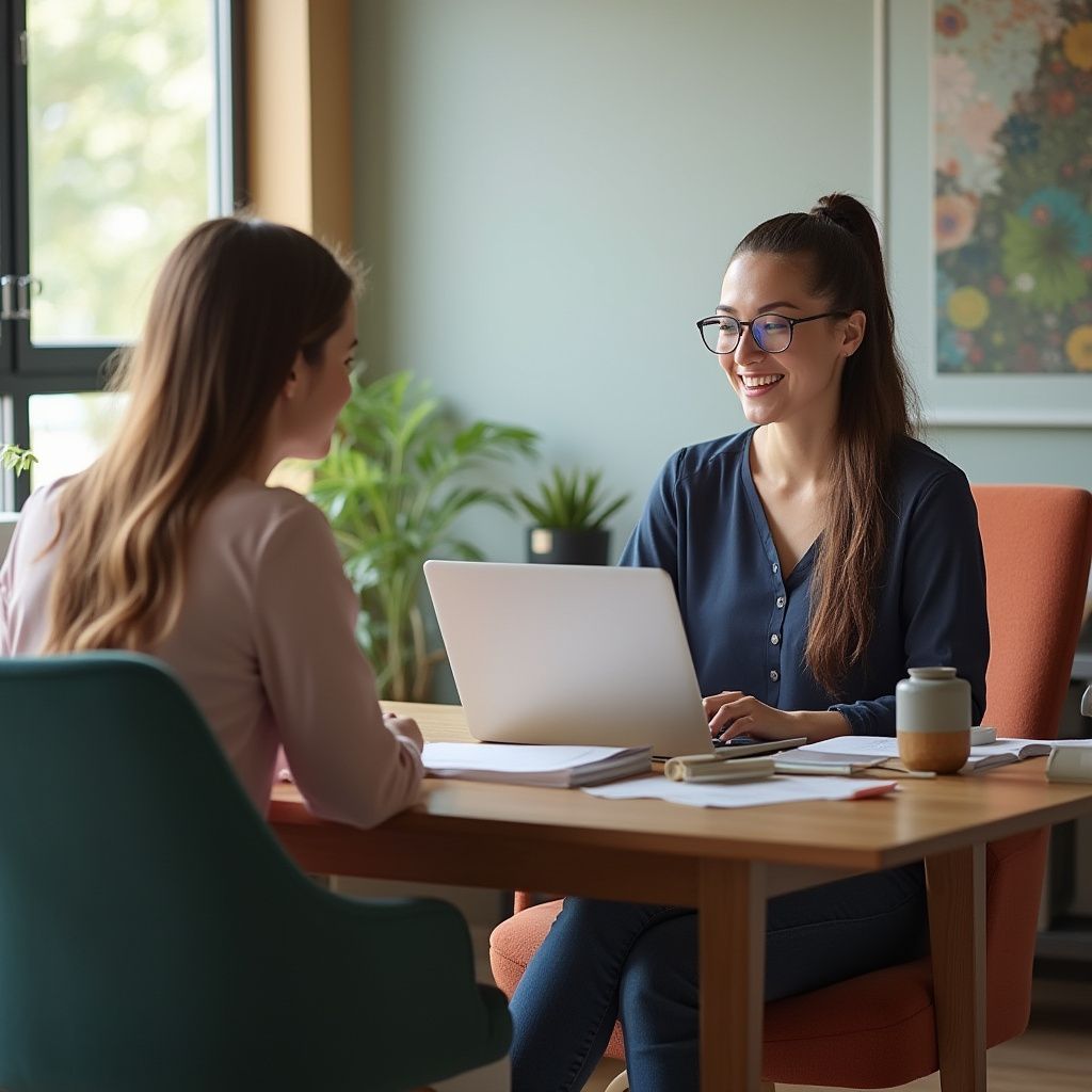 Two women at a desk, one wearing glasses and smiling, looking at a laptop, other looking towards them.