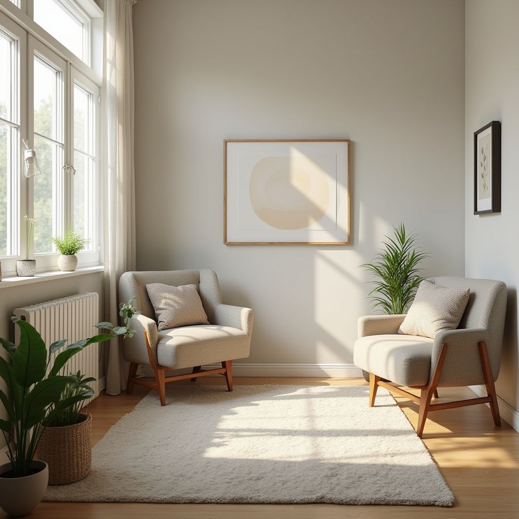 Cozy room with two armchairs, a rug, large window, and plants. Artwork on the walls, bathed in sunlight.