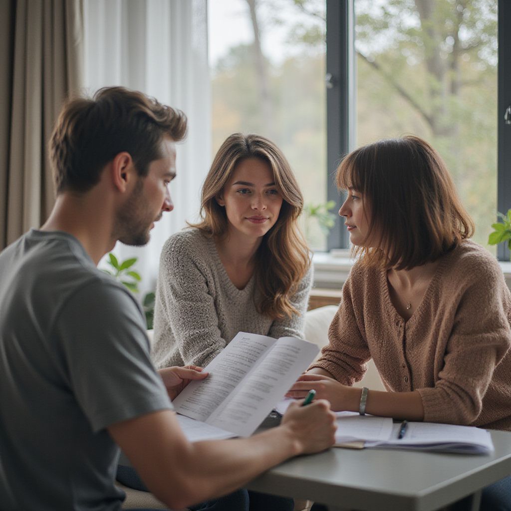Three people reviewing documents at a table near a window. Two women and a man, light-colored clothing.