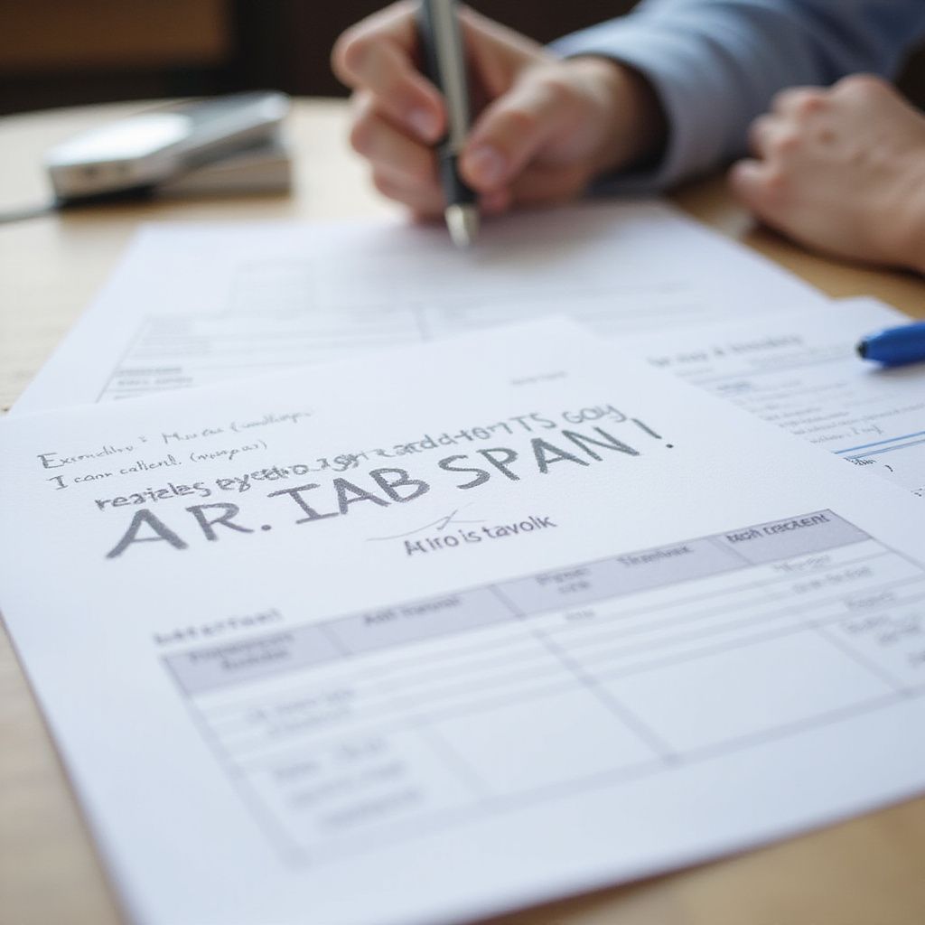Person writing on a document with the words