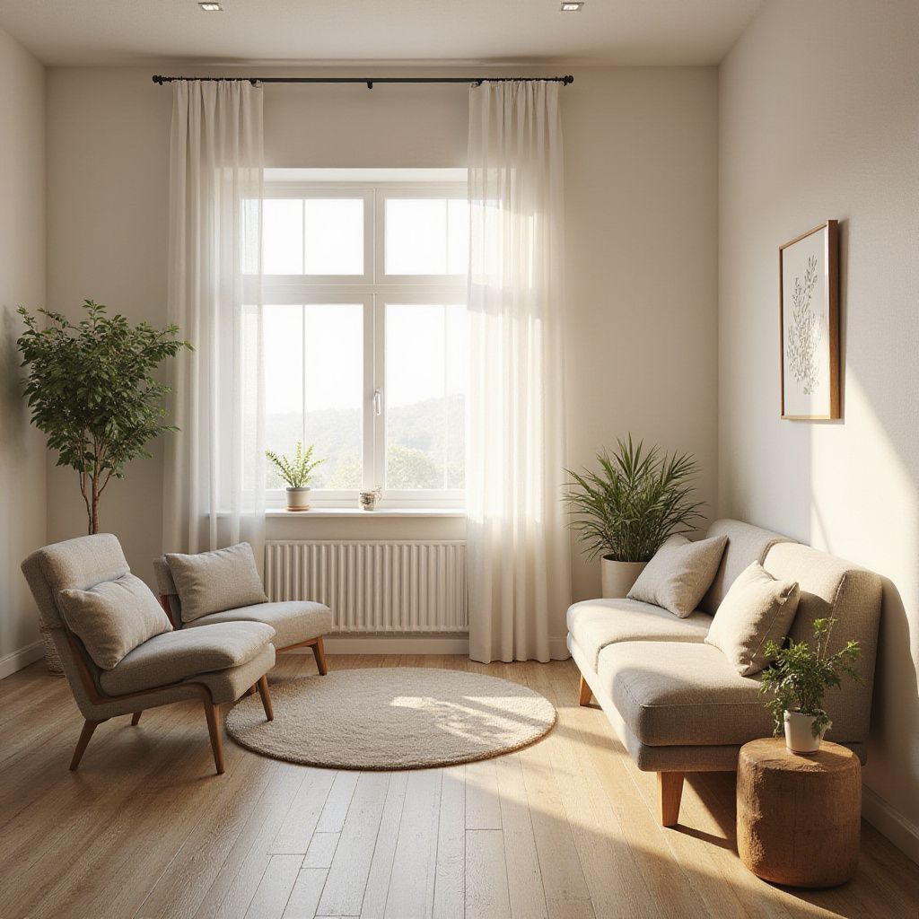 Living room with light-colored furniture, a window, plants, and a round rug on a wooden floor.