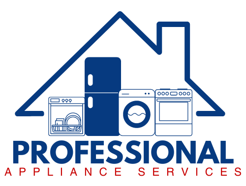 The logo for professional appliance services shows a house with a refrigerator , washer and dryer.