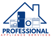 The logo for professional appliance services shows a house with a refrigerator , washer and dryer.