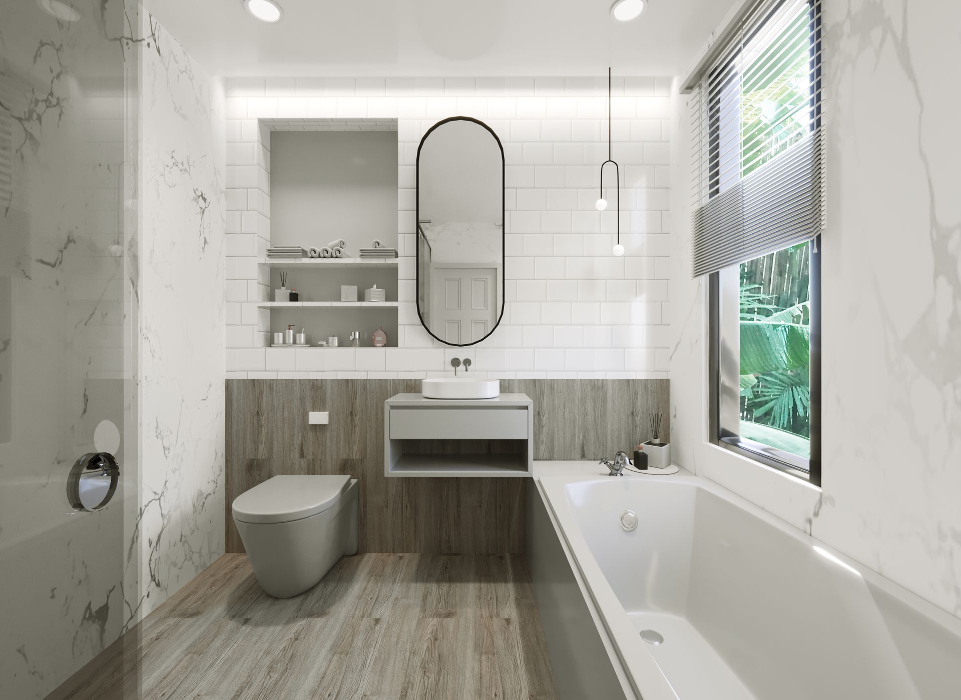 A bathroom with a tub , toilet , sink and mirror.