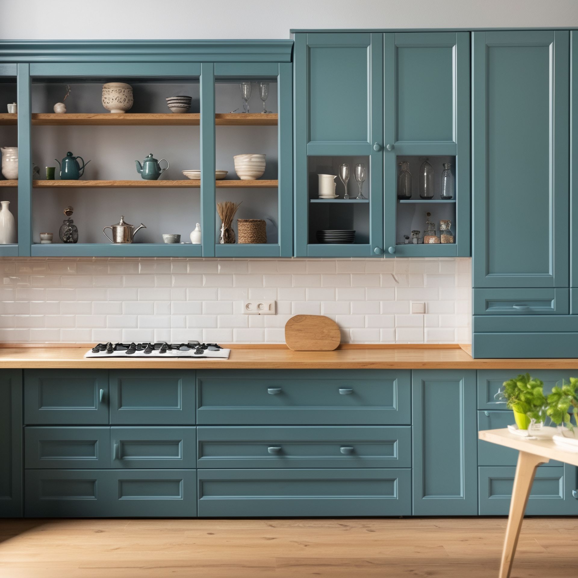 A kitchen with blue cabinets and a wooden counter top.