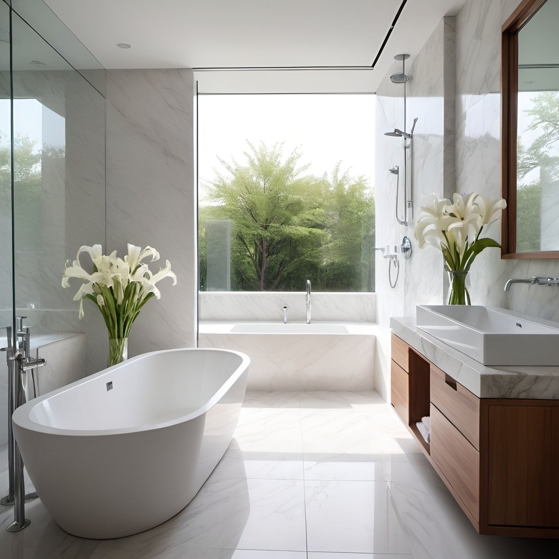 A bathroom with a bathtub sink and mirror