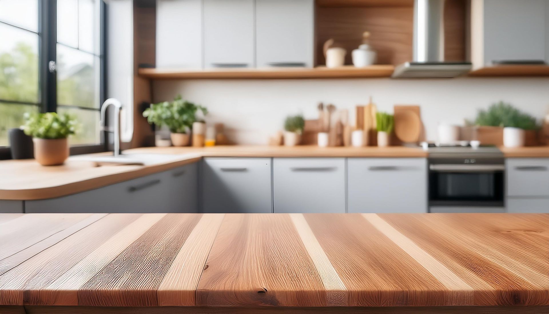 There is a wooden table in the foreground and a kitchen in the background.
