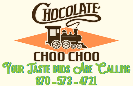 Chocolate Choo Choo logo with train and green slogan “Your Taste Buds Are Calling” and phone number 870-573-4721